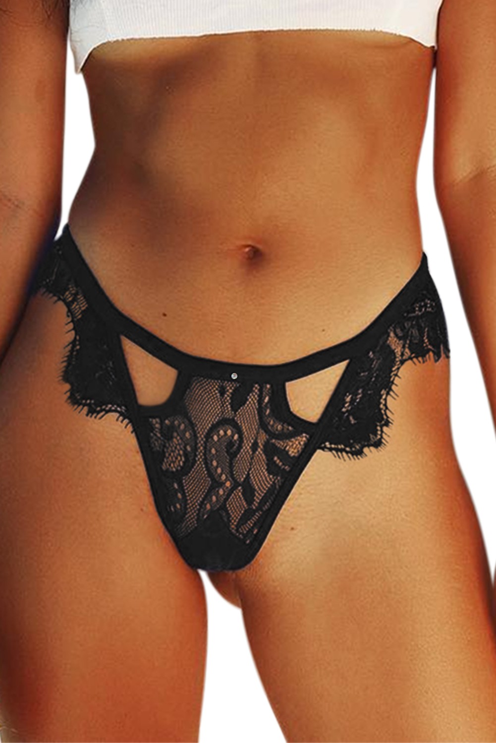 Black Eyelash Trim Lace Mesh Thong