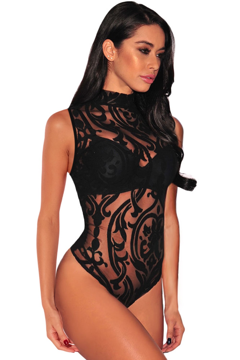 Black High Neck Mesh Lace Bodysuit