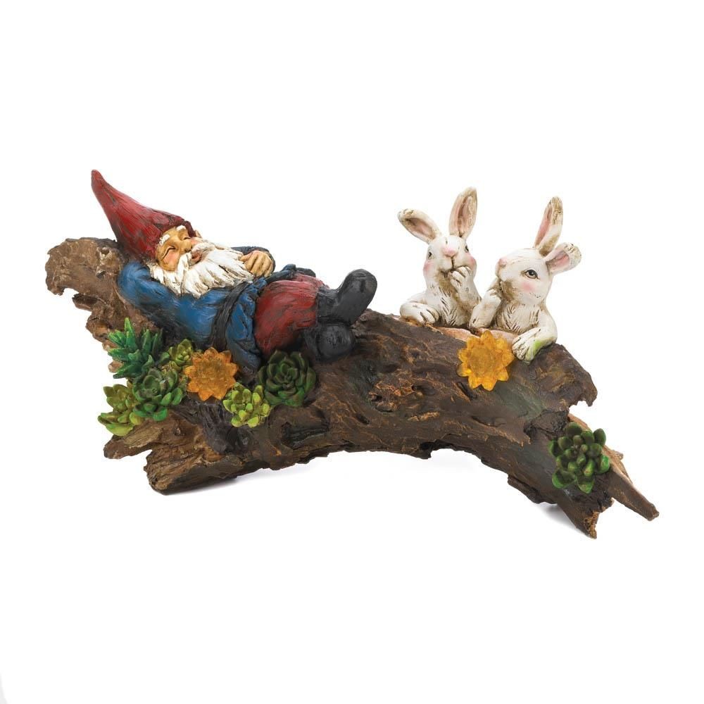 Sleeping Gnome Bunnies Solar Statue